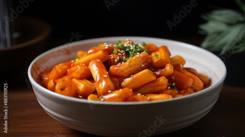 Spicy Korean rice cakes in a white bowl with sesame seeds on top