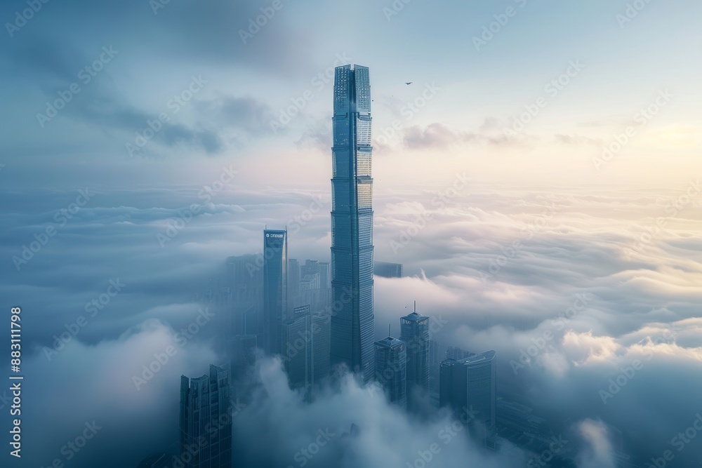 Obraz premium Futuristic Skyscraper Piercing the Clouds, Generative AI