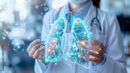 Breath of Life: Doctor Emphasizing Respiratory Health and Medical Care with Holographic Lungs