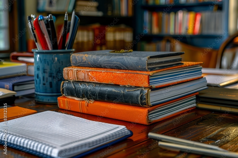 A Neat and Tidy Desk with Folders, Notebooks, and Stationery, Generative AI A Neat and Tidy Desk with Folders, Notebooks, and Stationery, Generative AI