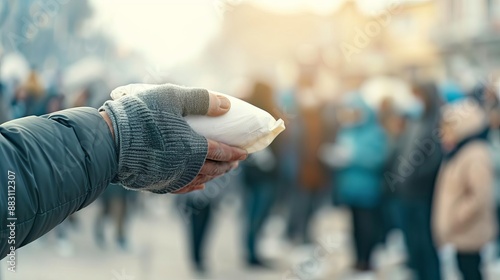 Close-up of a hand holding a facemask in an outdoor crowd, symbolizing health and safety during a public gathering in uncertain times.