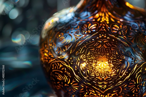 Intricate details of an ornate bottle interior with glowing patterns reflecting light photo