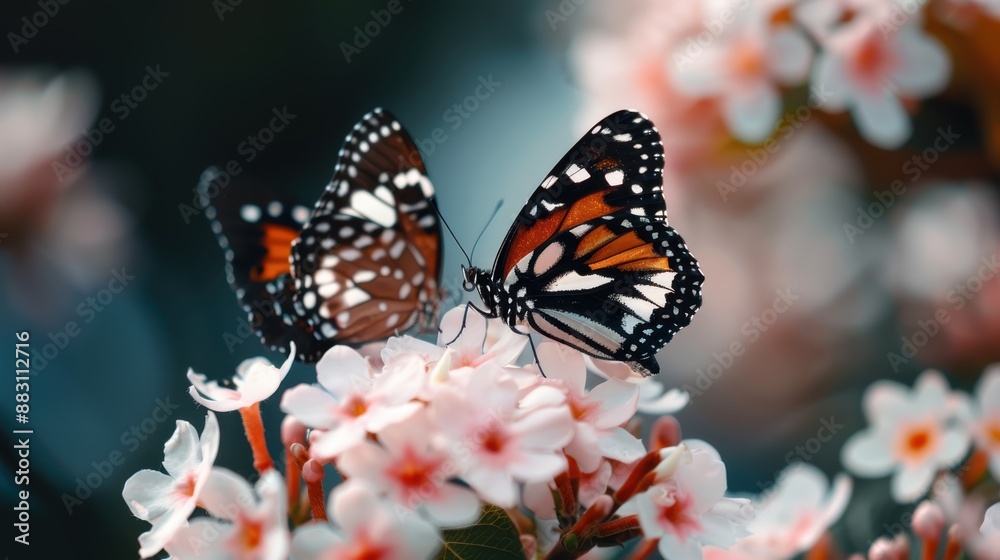 Obraz premium Two distinct butterflies with vibrant patterns resting on beautiful pink flowers, set against a lush and softly blurred background evoking a sense of calm and nature's beauty.