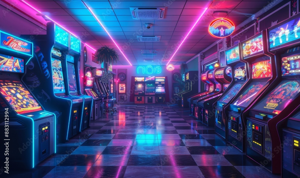 arcade games night club interior neon background, Generative AI arcade games night club interior neon background, Generative AI