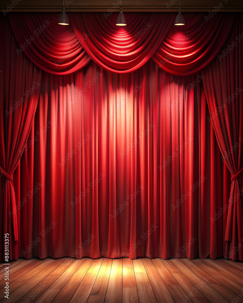 Fototapeta premium Minimalist red curtain, softly lit stage generative ai
