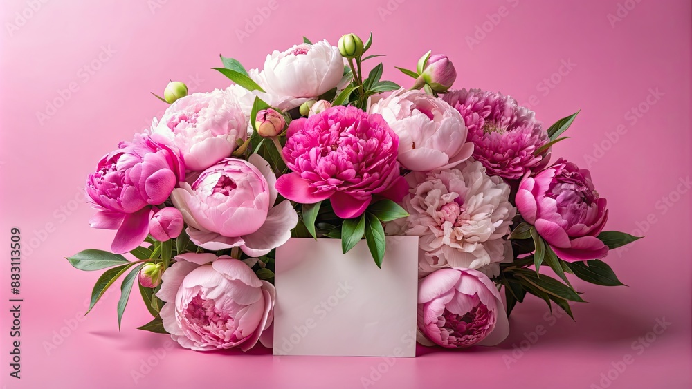 Obraz premium Beautiful bouquet of peony flowers with blank card on pink background , peony, flowers, bouquet, beautiful, pink, romantic