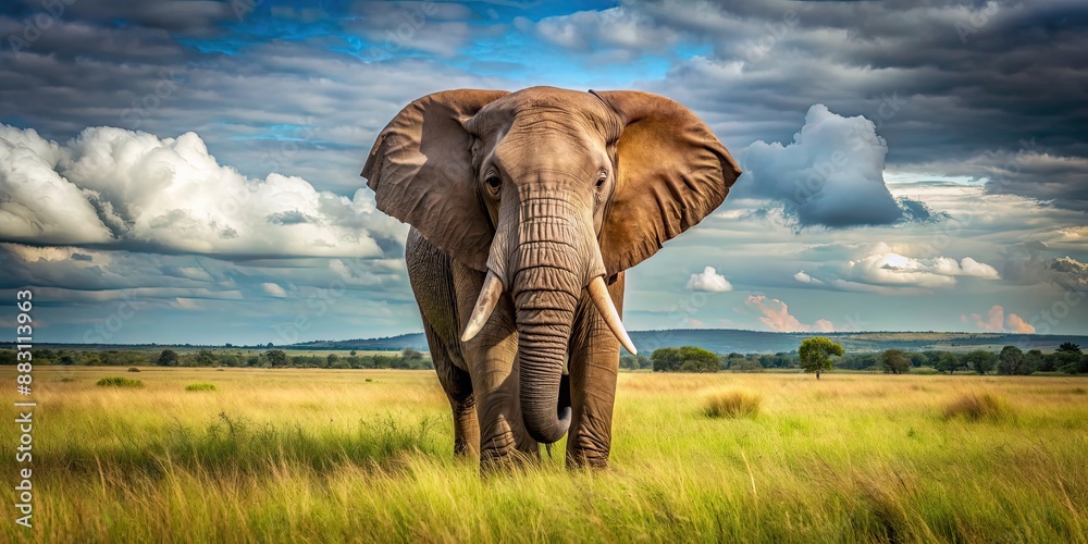 Fototapeta premium American elephant standing majestically in a grassy field, wildlife, animal, mammal, North America, giant, trunk