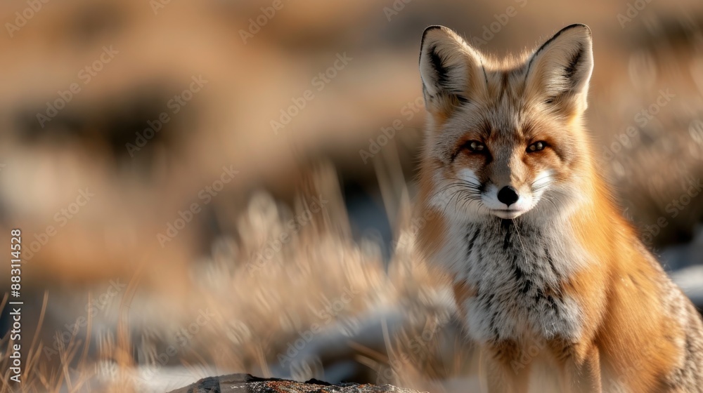 Obraz premium Portrait photo capturing an alert fox standing amidst dry grasslands with a focused gaze, showcasing its vibrant fur and natural beauty in a serene setting.