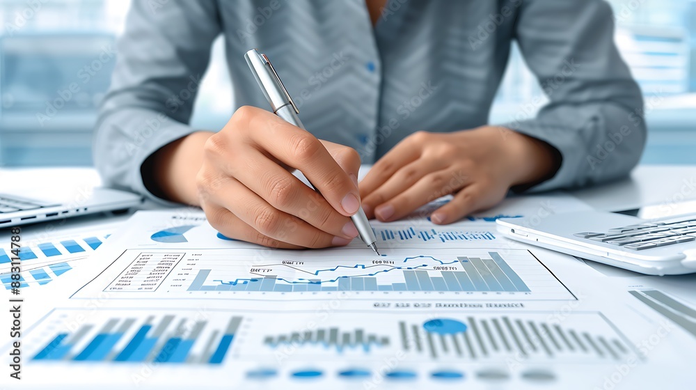 A person sitting at their desk, holding and writing with a pen on the papers in front of them The background is blurred to focus attention on hands while looking over financial charts and graphs They A person sitting at their desk, holding and writing with a pen on the papers in front of them The background is blurred to focus attention on hands while looking over financial charts and graphs They