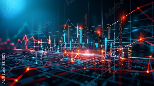 A stock market graph with glowing red and orange lines, representing the global finanace landscape The background is dark blue to convey an abstract feel There's space for text or graphics on top of photo