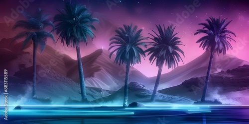Palm trees on the beach. Nature concept in futuristic neon style.
