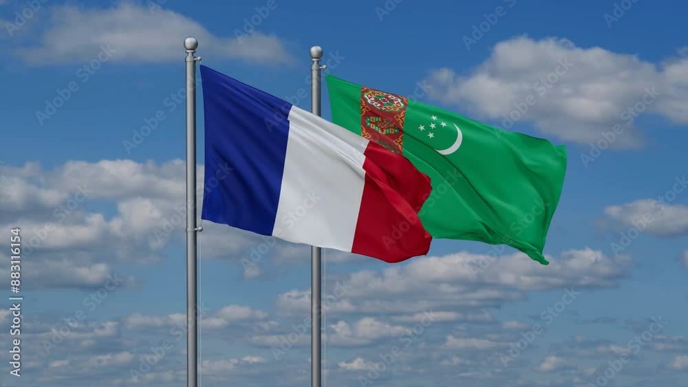 Turkmenistan and France flags flying together, video concept of the relationship, two country cooperation concept Turkmenistan and France flags flying together, video concept of the relationship, two country cooperation concept