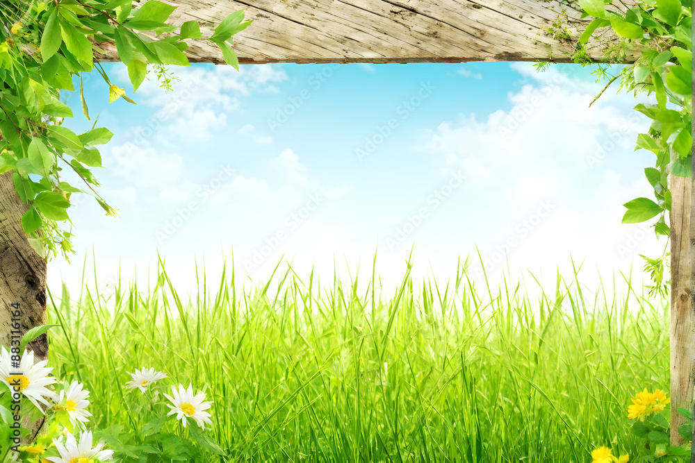 Obraz premium Summer background with old wooden plank, grass and green leaves