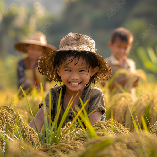 macro photography of Laos children working happily in a rice field  photo