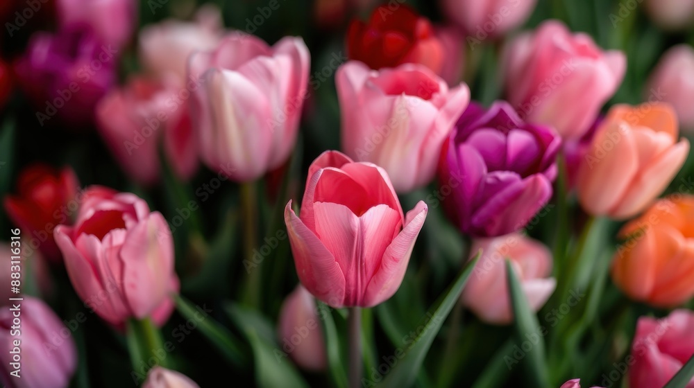 This stunning image captures a lush field of colorful tulips in full bloom during spring, filled with pink, purple, and orange hues, perfectly embodying natural beauty and vibrant color. This stunning image captures a lush field of colorful tulips in full bloom during spring, filled with pink, purple, and orange hues, perfectly embodying natural beauty and vibrant color.