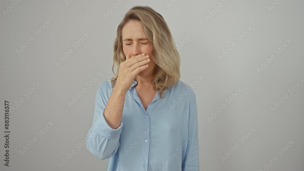 Attractive young blonde woman, bored and tired, yawning lazily while standing isolated against a white background, her hand covering her yawning mouth, radiating utter sleepiness. Attractive young blonde woman, bored and tired, yawning lazily while standing isolated against a white background, her hand covering her yawning mouth, radiating utter sleepiness.
