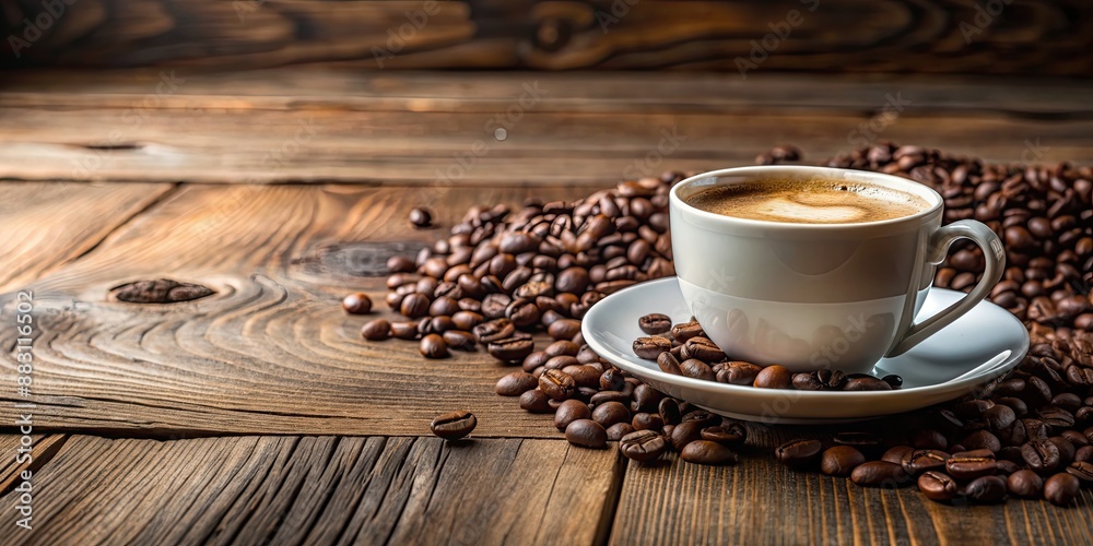 Coffee cup on wooden table with coffee beans , coffee, cup, wooden, table, beans, drink, morning, aroma, caffeine, refreshment, hot Coffee cup on wooden table with coffee beans , coffee, cup, wooden, table, beans, drink, morning, aroma, caffeine, refreshment, hot