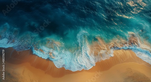 Aerial View of Turquoise Ocean Waves Crashing on Sandy Beach
