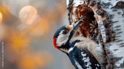 A vibrant woodpecker is perched on a tree, diligently pecking at the bark in search of insects, beautifully capturing the essence of nature's daily life.