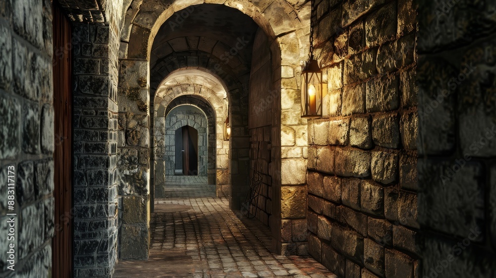 Fototapeta premium Old Castle Corridor with Stone Walls and Mysterious Atmosphere. 3D Generated Image of Medieval Architecture and History