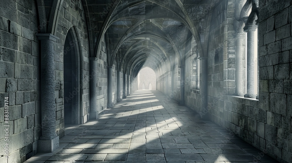 Old Castle Corridor with Stone Walls and Mysterious Atmosphere. 3D Generated Image of Medieval Architecture and History Old Castle Corridor with Stone Walls and Mysterious Atmosphere. 3D Generated Image of Medieval Architecture and History