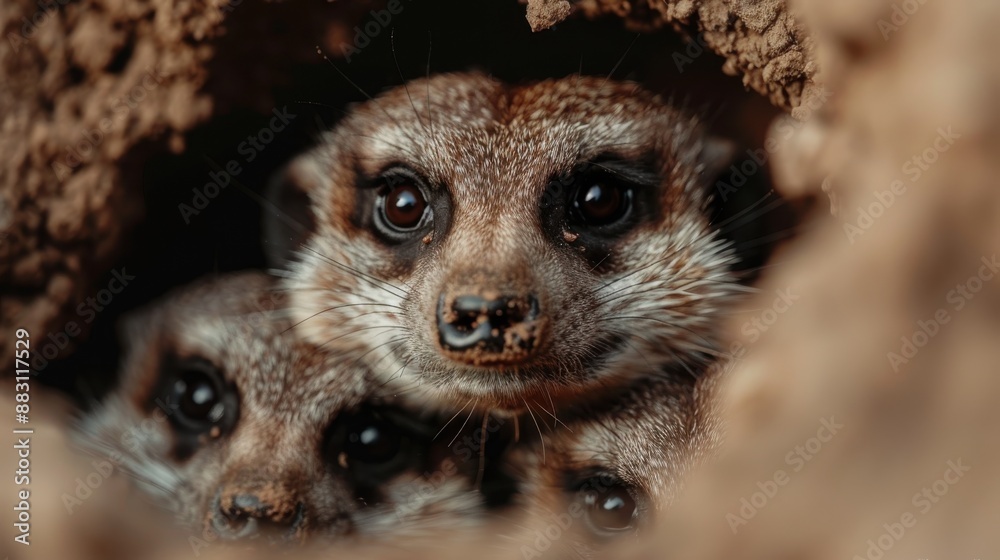 Fototapeta premium A curious small rodent peeks out from its burrow, surrounded by dirt, offering a glimpse into its natural habitat and the life of burrowing animals in the wild.