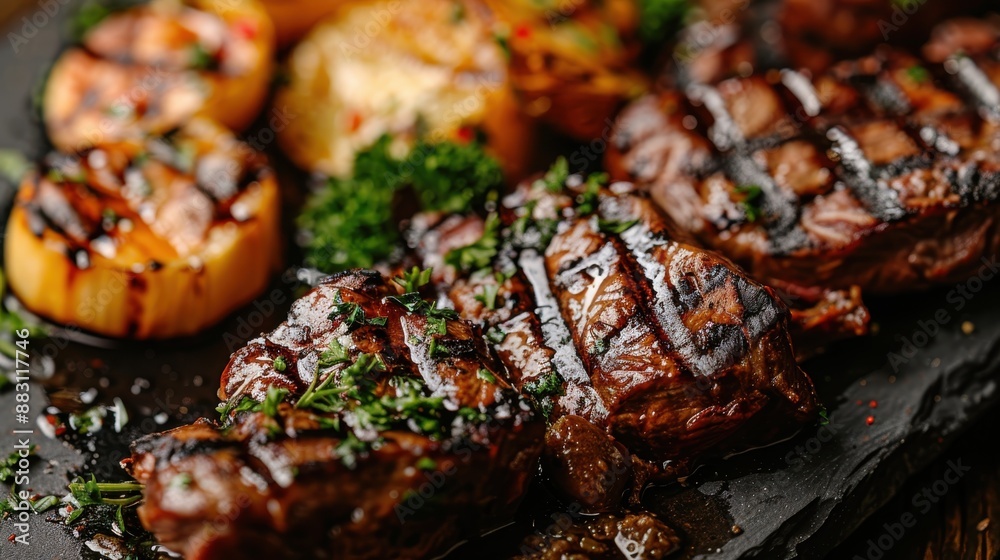 Close-up of a perfectly grilled steak topped with fresh parsley and served alongside caramelized onions and seasoned vegetables on a black serving plate. Close-up of a perfectly grilled steak topped with fresh parsley and served alongside caramelized onions and seasoned vegetables on a black serving plate.