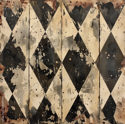 Weathered Black And White Diamond Patterned Wooden Floor