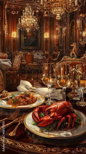 Elegant Surf and Turf with goldtrimmed plates and luxurious decor, Luxurious, Warm tones, High detail, Digital painting photo