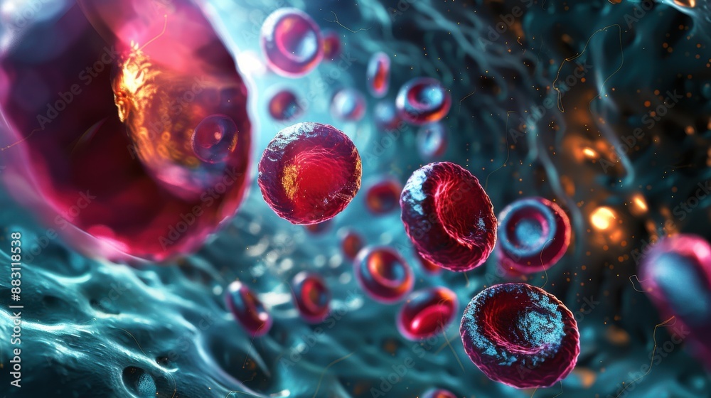 Microscopic view of red blood cells and a virus in the bloodstream ...