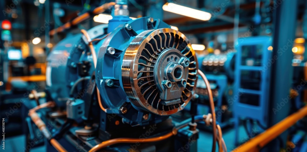 Aan electric motor with copper wires placed on top of a machine in a motion production factory background. Aan electric motor with copper wires placed on top of a machine in a motion production factory background.