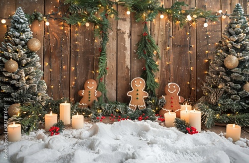 Festive Christmas Scene With Gingerbread Men, Snow, and Candles