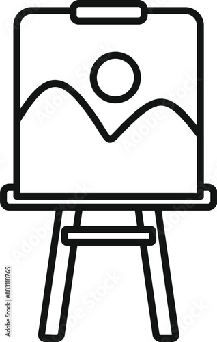 Line art icon of an easel holding a canvas with a simple landscape painting on it