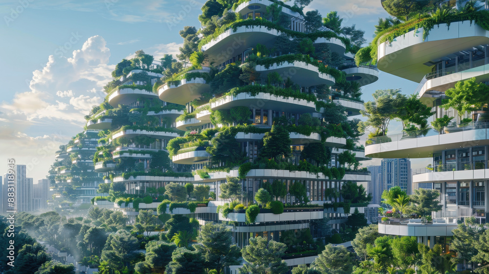 Obraz premium Futuristic green buildings with vertical gardens in modern city skyline and lush trees