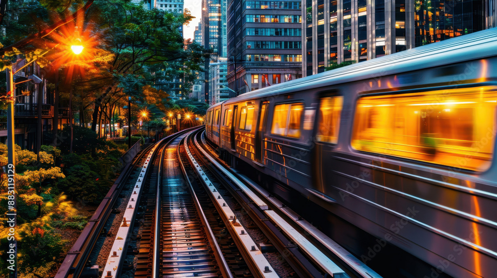 Naklejka premium Urban subway train speeding through city at twilight with illuminated buildings and greenery