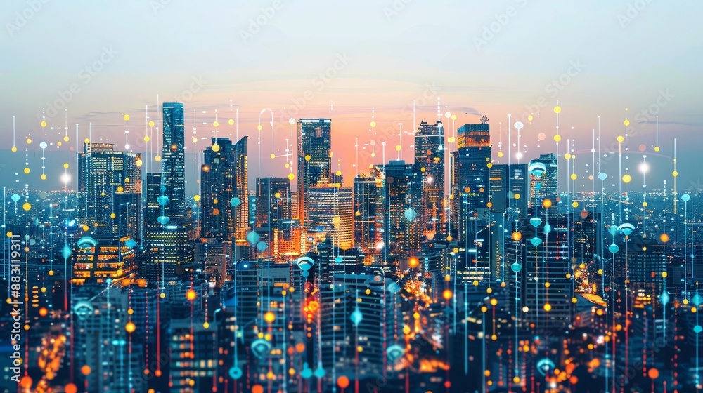 A modern cityscape at dusk, overlaid with digital connectivity symbols, representing a smart city integrating technology and urban infrastructure.