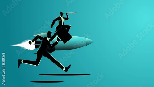Businessman running being overtaken by a competitor riding a rocket and using a telescope. Illustrating business competition, innovation, and ambition, race for success and forward-thinking strategies