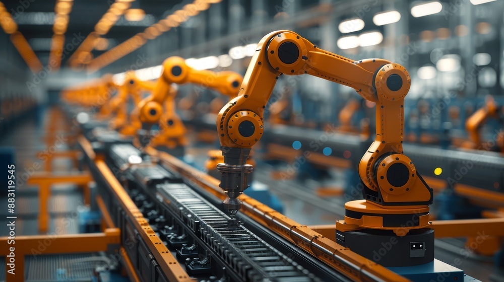 A row of advanced robotic arms working on an assembly line in a modern, high-tech factory, illustrating automation in manufacturing. A row of advanced robotic arms working on an assembly line in a modern, high-tech factory, illustrating automation in manufacturing.