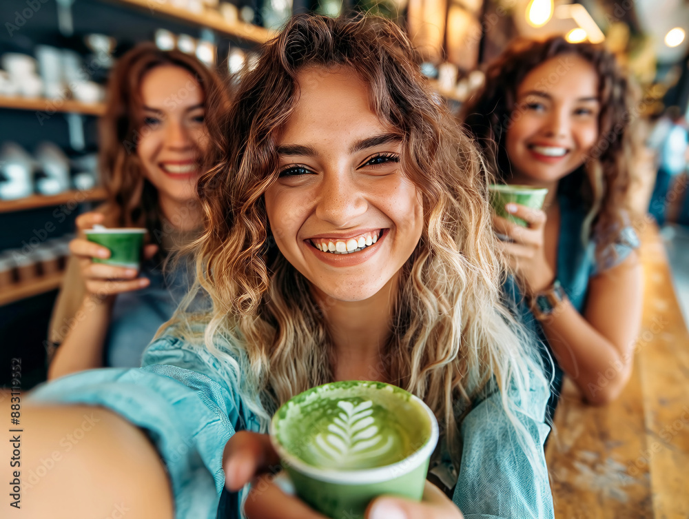 Three coworkers are smiling and taking a selfie while holding cups of matcha in a cozy cafe