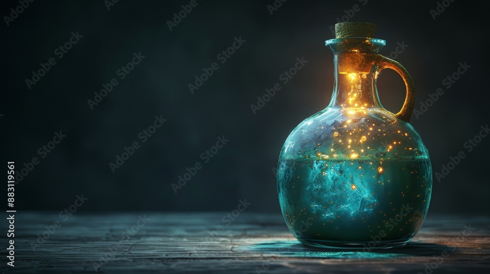 A mystical glowing potion bottle sits on a wooden table in a dimly lit, enchanted room, surrounded by old books and magical sparks. A mystical glowing potion bottle sits on a wooden table in a dimly lit, enchanted room, surrounded by old books and magical sparks.