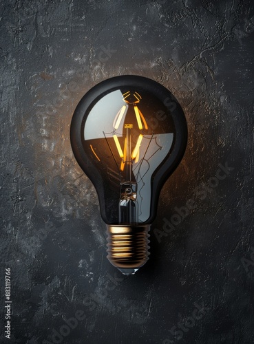 A Single Illuminated Vintage Light Bulb Hanging Against a Gray Textured Wall