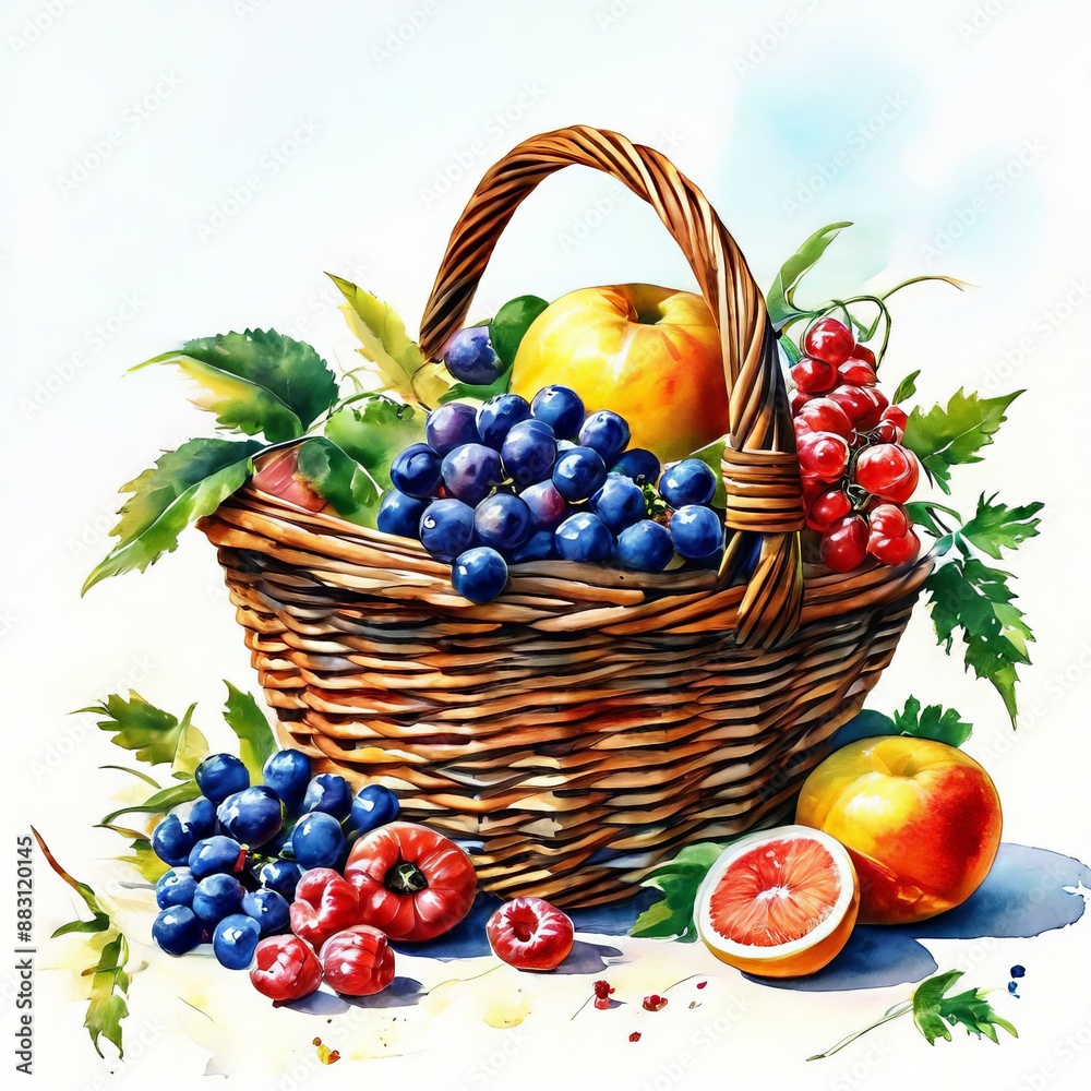 Basket of Fresh Fruit Watercolor Painting. Basket of Fresh Fruit Watercolor Painting.