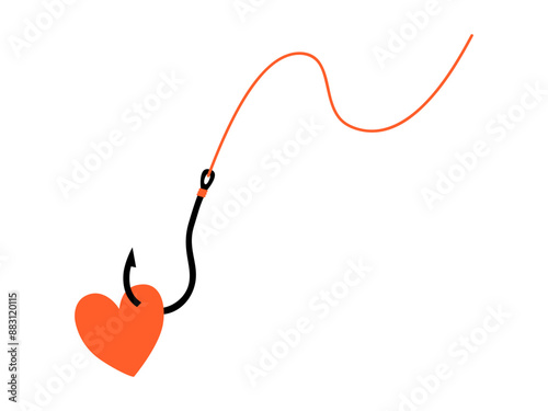 Hand drawn cute cartoon illustration of heart on hook with fishing line. Flat vector falling in love doodle. Abusive relationships. Find perfect match icon. Romantic codependent feelings. Isolated.