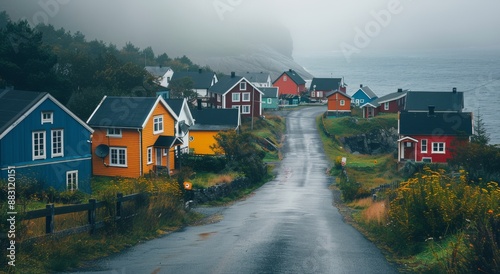 Colorful Houses on a Coastal Road in Norway on a Misty Day