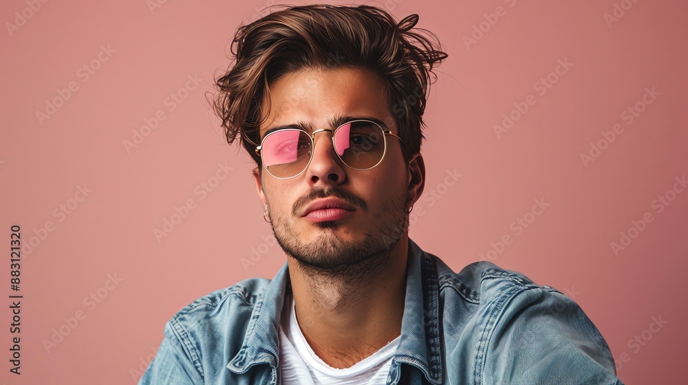 A young man with brown hair and a beard looks confidently at the camera, wearing a jean jacket and sunglasses. A young man with brown hair and a beard looks confidently at the camera, wearing a jean jacket and sunglasses.