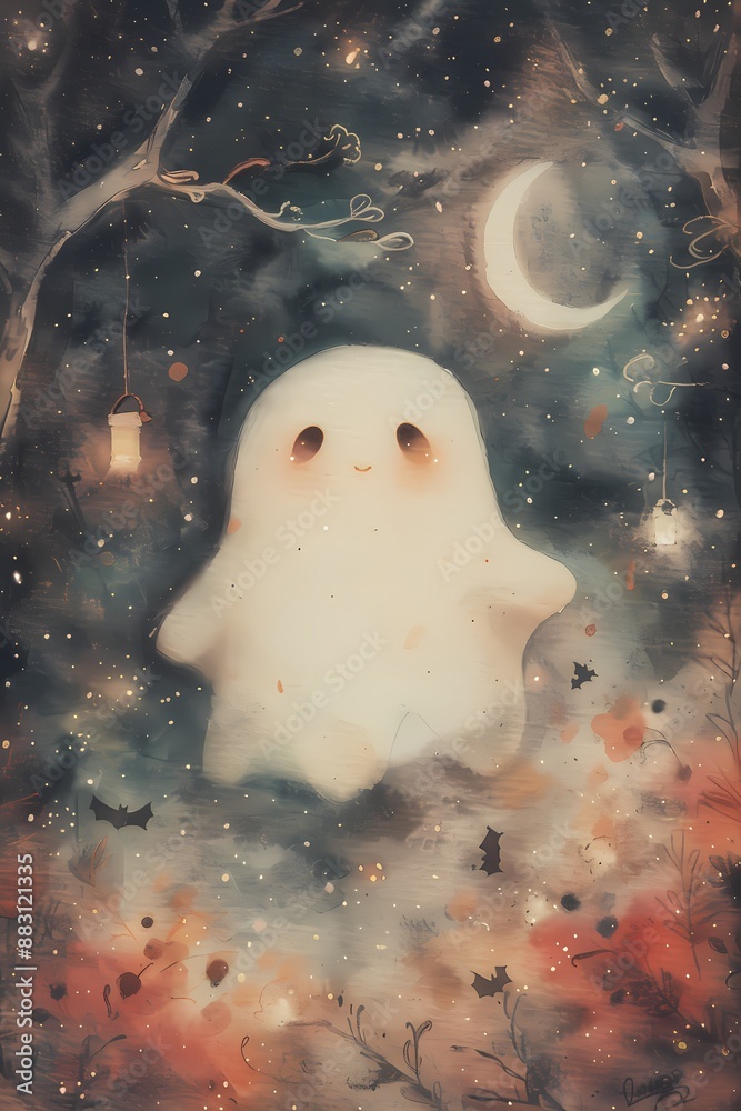 A cute Halloween postcard, watercolor style, featuring a playful ghost flying around a spooky tree with hanging lanterns and friendly bats A cute Halloween postcard, watercolor style, featuring a playful ghost flying around a spooky tree with hanging lanterns and friendly bats