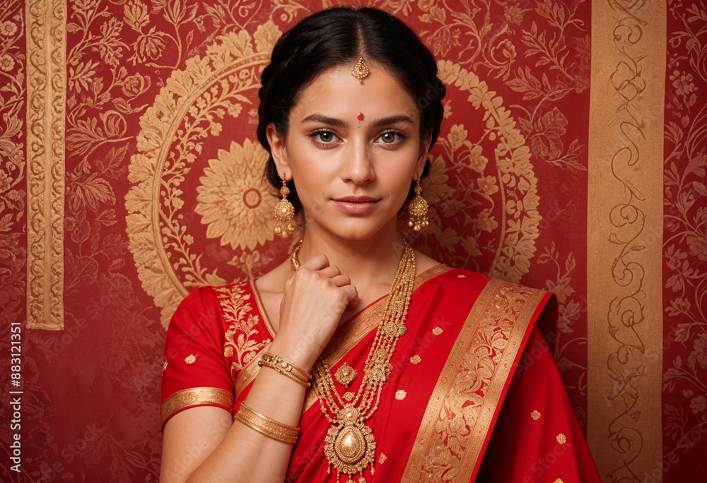 An indian beautiful woman wearing red saree with gold ornaments An indian beautiful woman wearing red saree with gold ornaments