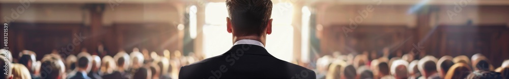 Obraz premium Eloquent Statesman in Black Suit Making a Pivotal Statement and Political Speech from Behind, Capturing the Essence of a Live Audience Address