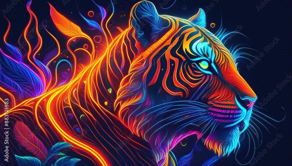 Tiger tattoo art, tiger neon lights - tattoo art, fantasy effect with fire Tiger tattoo art, tiger neon lights - tattoo art, fantasy effect with fire