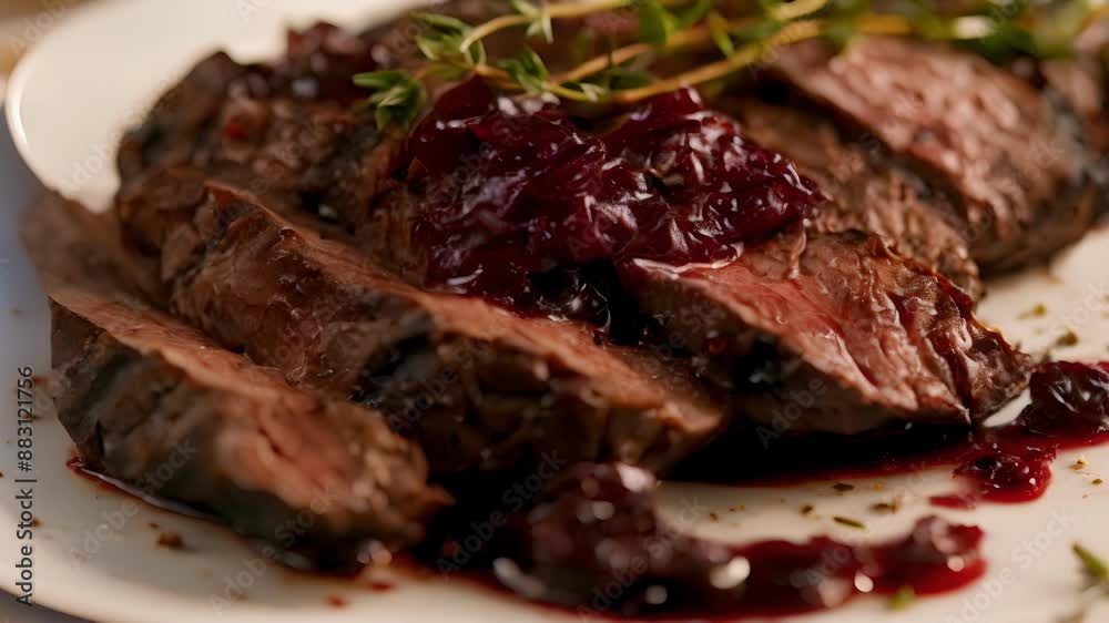 Grilled slices of marinated bison accompanied by a tangy cranberry sauce and adorned with sprigs of foraged thyme. Grilled slices of marinated bison accompanied by a tangy cranberry sauce and adorned with sprigs of foraged thyme.